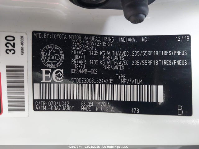 Aukcja sprzedaży 2020 Toyota Sienna Xle 7-passenger, vin: 5TDDZ3DC6LS244735, numer aukcji: 12567371