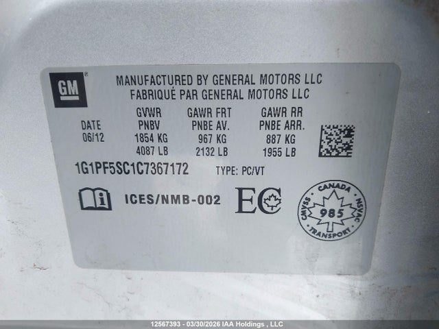 Продаж на аукціоні авто 2012 Chevrolet Cruze Lt, vin: 1G1PF5SC1C7367172, номер лоту: 12567393