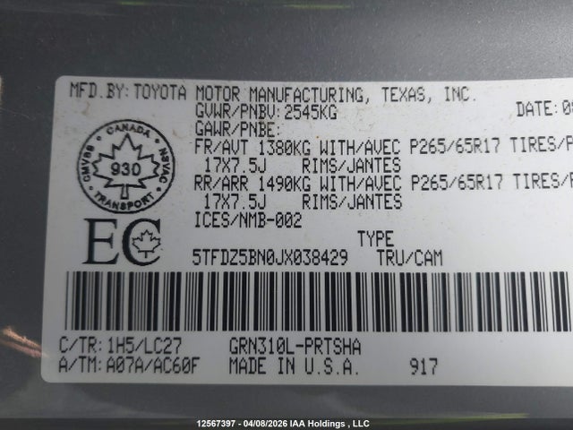 5TFDZ5BN0JX038429 Toyota Tacoma Dbl Cab/sr5/trd Sport/or