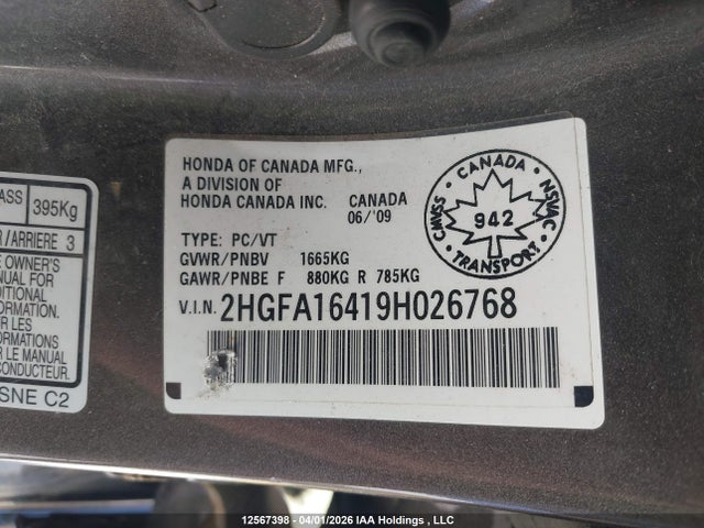 Продаж на аукціоні авто 2009 Honda Civic Dx-g, vin: 2HGFA16419H026768, номер лоту: 12567398