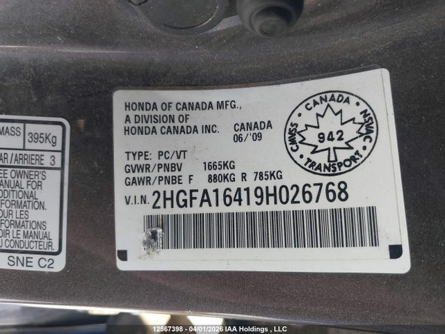 Продаж на аукціоні авто 2009 Honda Civic Dx-g, vin: 2HGFA16419H026768, номер лоту: 12567398