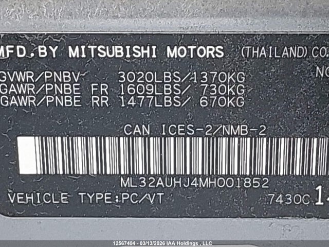 Aukcja sprzedaży 2021 Mitsubishi Mirage Es/le/carbonite Edition, vin: ML32AUHJ4MH001852, numer aukcji: 12567404
