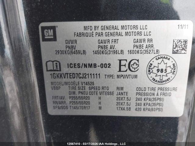 Aukcja sprzedaży 2012 Gmc Acadia Denali, vin: 1GKKVTED7CJ211111, numer aukcji: 12567410