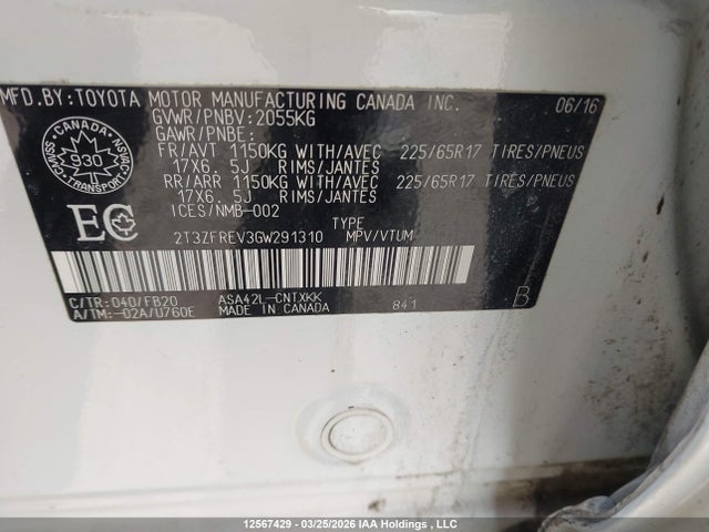 Продаж на аукціоні авто 2016 Toyota Rav4, vin: 2T3ZFREV3GW291310, номер лоту: 12567429