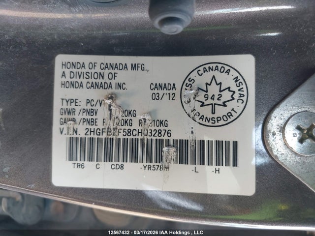 Продаж на аукціоні авто 2012 Honda Civic Ex 4dr, vin: 2HGFB2F58CH032876, номер лоту: 12567432