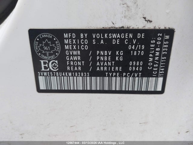 2019 Volkswagen Jetta 1.4 Tsi Highline მანქანა იყიდება აუქციონზე, vin: 3VWE57BU4KM182833, აუქციონის ნომერი: 12567444