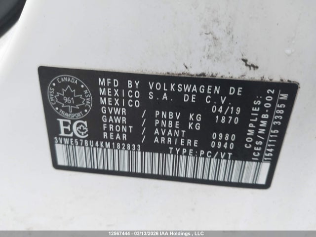 2019 Volkswagen Jetta 1.4 Tsi Highline მანქანა იყიდება აუქციონზე, vin: 3VWE57BU4KM182833, აუქციონის ნომერი: 12567444