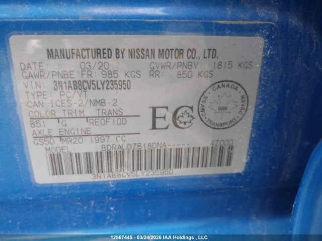 Aukcja sprzedaży 2020 Nissan Sentra Sv, vin: 3N1AB8CV5LY235950, numer aukcji: 12567445
