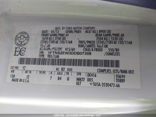12567452 :رقم المزاد ، 1FTNS2EW3DDB07308 vin ، 2013 Ford E-250 Commercial/recreational مزاد بيع