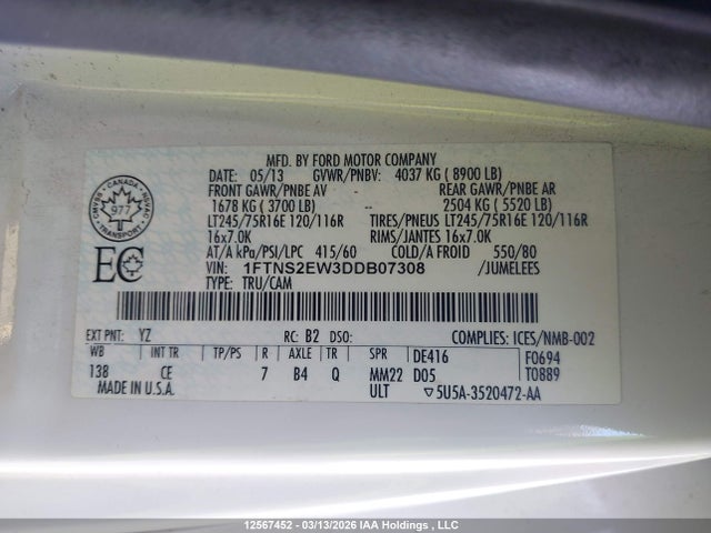12567452 :رقم المزاد ، 1FTNS2EW3DDB07308 vin ، 2013 Ford E-250 Commercial/recreational مزاد بيع