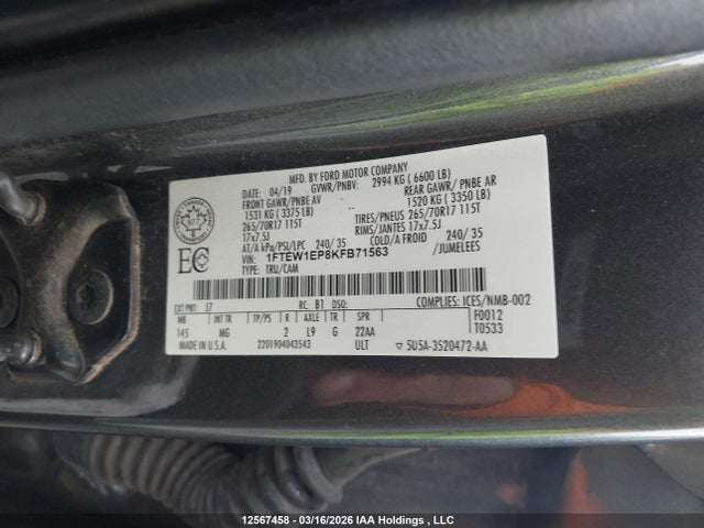 Ford F150 Supercrew 2019 1FTEW1EP8KFB71563 Image 9