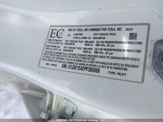 Aukcja sprzedaży 2023 Tesla Model 3 Rwd, vin: 5YJ3E1EA2PF385658, numer aukcji: 12567462