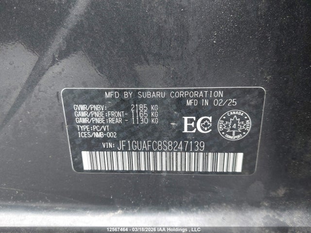 12567464 :رقم المزاد ، JF1GUAFC8S8247139 vin ، 2025 Subaru Impreza Touring 5-door مزاد بيع