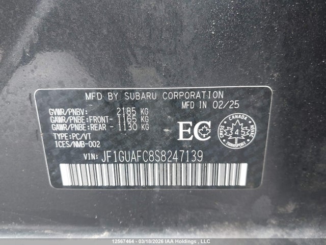 12567464 :رقم المزاد ، JF1GUAFC8S8247139 vin ، 2025 Subaru Impreza Touring 5-door مزاد بيع