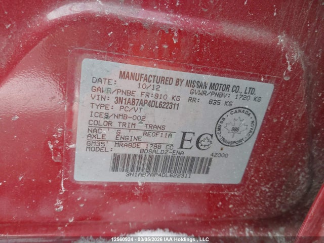 12560924 :رقم المزاد ، 3N1AB7AP4DL622311 vin ، 2013 Nissan Sentra 1.8 S/1.8 Sv مزاد بيع