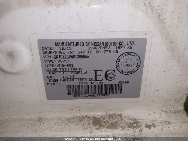 3N1CE2CP4GL365655 Nissan Versa Note 1.6 S/1.6 Sl/1.6 Sr/1.6 Sv