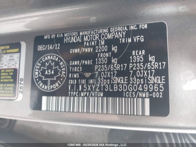 Продаж на аукціоні авто 2013 Hyundai Santa Fe Sport 2.4 Base, vin: 5XYZT3LB3DG049965, номер лоту: 12567468