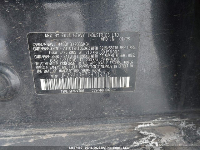 2009 Subaru Forester 2.5x მანქანა იყიდება აუქციონზე, vin: JF2SH63679H703275, აუქციონის ნომერი: 12567480