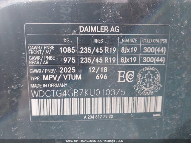 WDCTG4GB7KU010375 Mercedes-Benz Gla 250 4matic