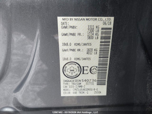Aukcja sprzedaży 2018 Nissan Titan Sv/sl/pro-4x/plat Res, vin: 1N6AA1E50JN540736, numer aukcji: 12567482