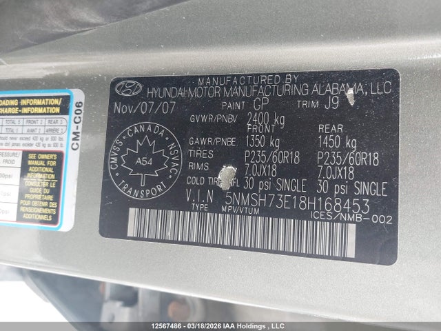 12567486 :رقم المزاد ، 5NMSH73E18H168453 vin ، 2008 Hyundai Santa Fe Se/limited مزاد بيع