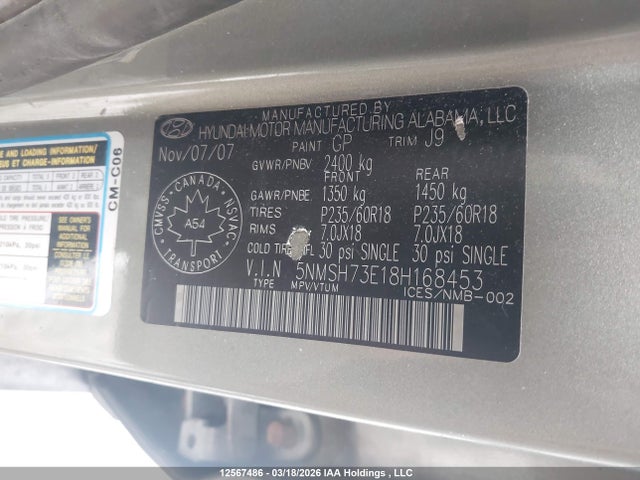 12567486 :رقم المزاد ، 5NMSH73E18H168453 vin ، 2008 Hyundai Santa Fe Se/limited مزاد بيع