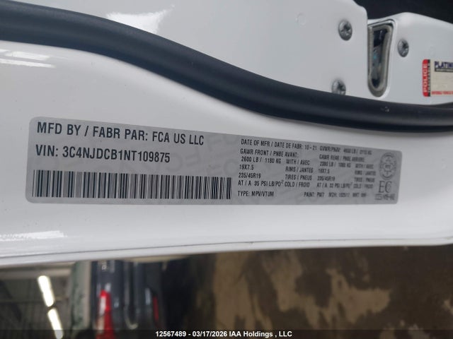 12567489 :رقم المزاد ، 3C4NJDCB1NT109875 vin ، 2022 Jeep Compass Limited مزاد بيع