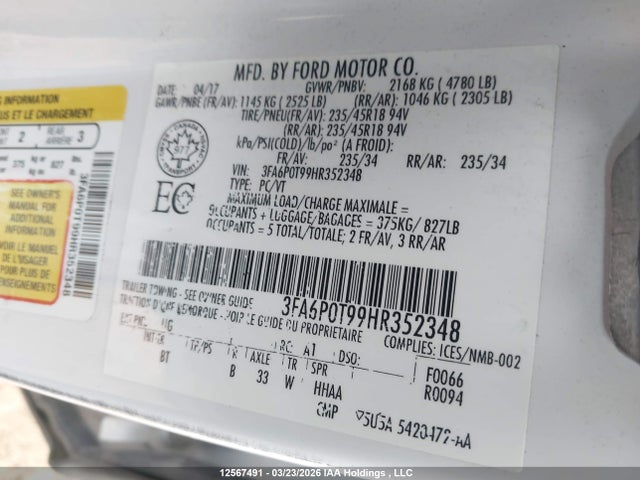 Aukcja sprzedaży 2017 Ford Fusion Se, vin: 3FA6P0T99HR352348, numer aukcji: 12567491