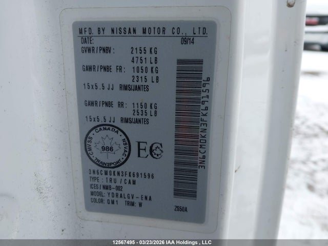 12567495 :رقم المزاد ، 3N6CM0KN3FK691596 vin ، 2015 Nissan Nv200 مزاد بيع