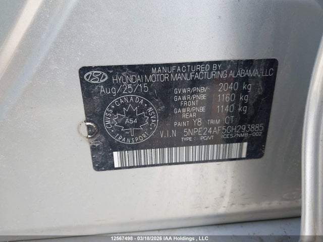 5NPE24AF5GH293885 Hyundai SONATA GLS
