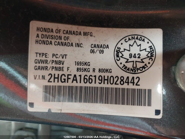 12567500 :رقم المزاد ، 2HGFA16619H028442 vin ، 2009 Honda Civic Sport مزاد بيع