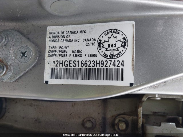 12567503 :رقم المزاد ، 2HGES16623H927424 vin ، 2003 Honda Civic Lx مزاد بيع