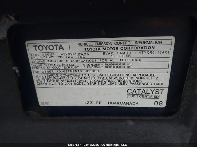 Aukcja sprzedaży 2004 Toyota Corolla Ce/le/s, vin: 2T1BR32E94C796963, numer aukcji: 12567517