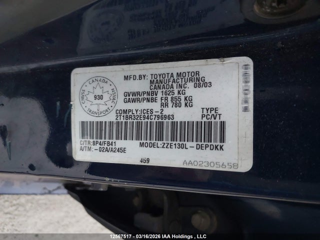 Aukcja sprzedaży 2004 Toyota Corolla Ce/le/s, vin: 2T1BR32E94C796963, numer aukcji: 12567517