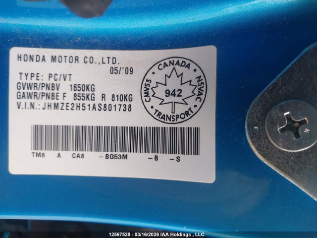 Продажа на аукционе авто 2010 Honda Insight Lx, vin: JHMZE2H51AS801738, номер лота: 12567528