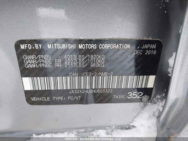 2017 Mitsubishi Lancer Sportback Gt/se Ltd მანქანა იყიდება აუქციონზე, vin: JA32X2HU8HU603322, აუქციონის ნომერი: 12567530