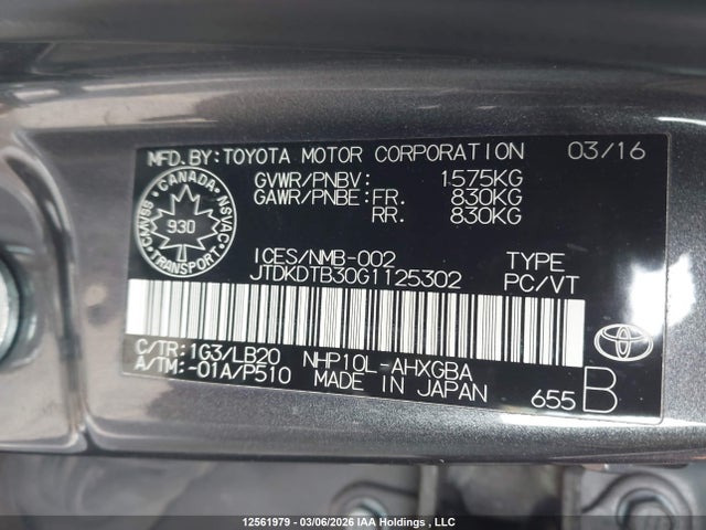 JTDKDTB30G1125302 Toyota Prius C Technology