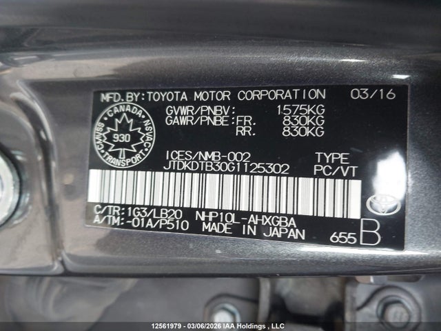JTDKDTB30G1125302 Toyota Prius C Technology