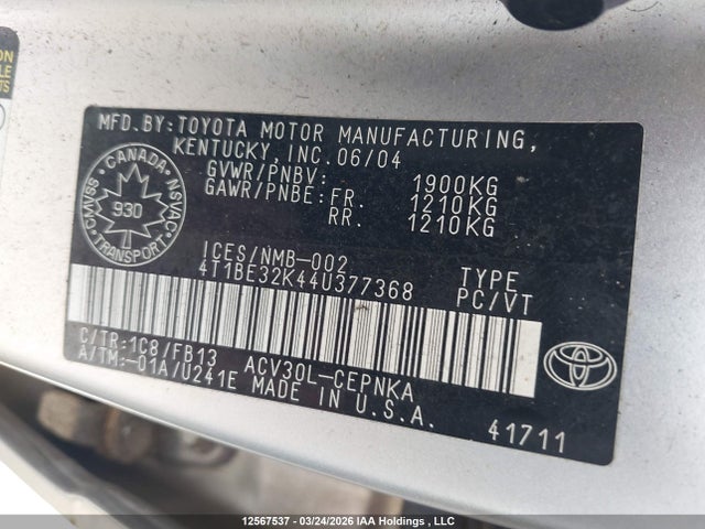 12567537 :رقم المزاد ، 4T1BE32K44U377368 vin ، 2004 Toyota Camry Le/xle/se مزاد بيع