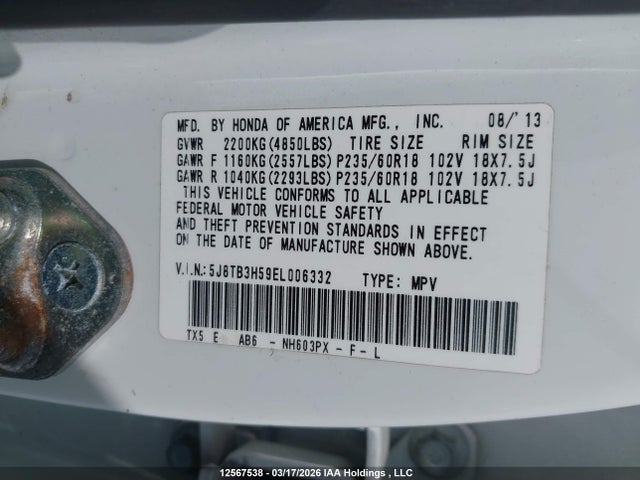 Aukcja sprzedaży 2014 Acura Rdx, vin: 5J8TB3H59EL006332, numer aukcji: 12567538