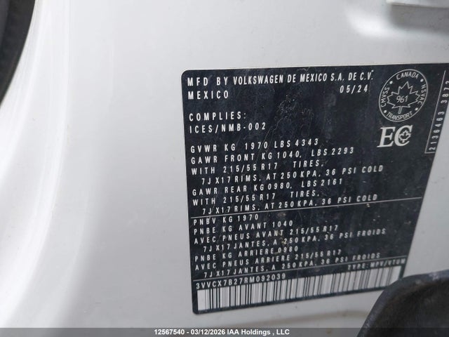 2024 Volkswagen Taos Trendline მანქანა იყიდება აუქციონზე, vin: 3VVCX7B27RM092039, აუქციონის ნომერი: 12567540