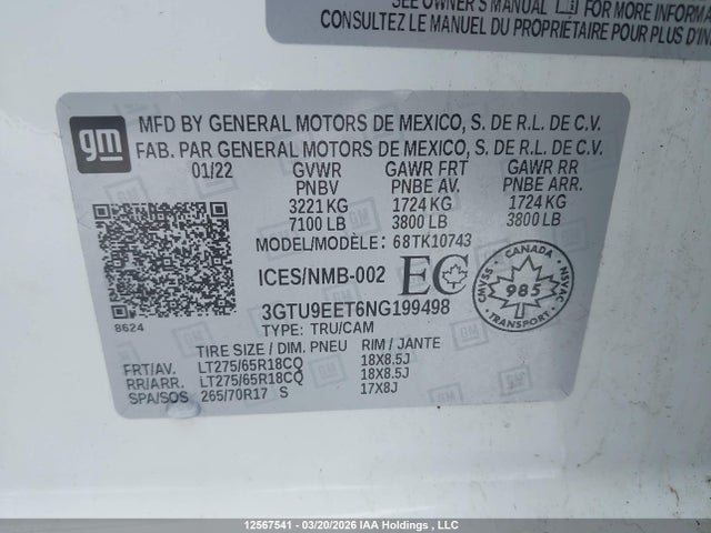 Продажа на аукционе авто 2022 Gmc Sierra Limited K1500 At4, vin: 3GTU9EET6NG199498, номер лота: 12567541