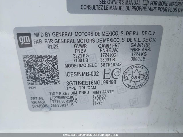 Продажа на аукционе авто 2022 Gmc Sierra Limited K1500 At4, vin: 3GTU9EET6NG199498, номер лота: 12567541