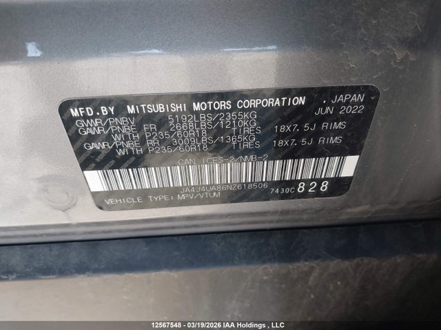 JA4J4UA86NZ618506 Mitsubishi Outlander Le/le Premium/se/sel