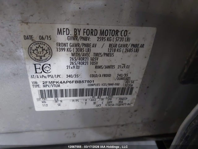 Продаж на аукціоні авто 2015 Ford Edge Sport, vin: 2FMPK4AP6FBB57501, номер лоту: 12567555