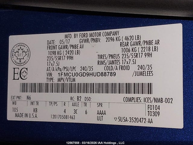 Aukcja sprzedaży 2017 Ford Escape, vin: 1FMCU0GD9HUD88789, numer aukcji: 12567558