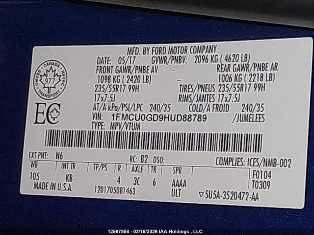 Aukcja sprzedaży 2017 Ford Escape, vin: 1FMCU0GD9HUD88789, numer aukcji: 12567558