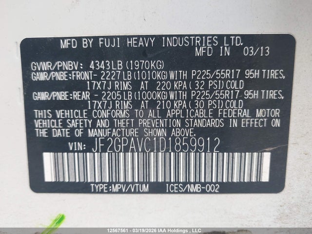 Auction sale of the 2013 Subaru Xv Crosstrek Sport Package/touring, vin: JF2GPAVC1D1859912, lot number: 12567561