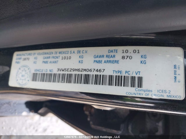 12567575 :رقم المزاد ، 3VWSE29M62M067467 vin ، 2002 Volkswagen Jetta Gls مزاد بيع