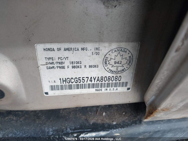 2000 Honda Accord მანქანა იყიდება აუქციონზე, vin: 1HGCG5574YA808080, აუქციონის ნომერი: 12567576